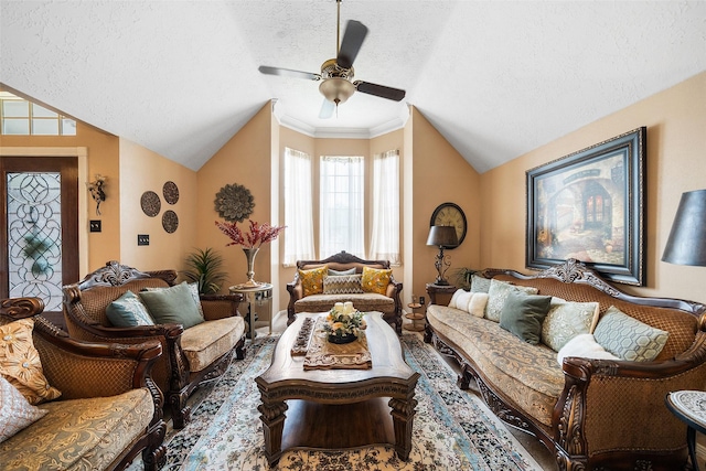 15110 Farndale Dr, Houston, TX 77062 - living room featuring lofted ceiling, a textured ceiling, and a ceiling fan