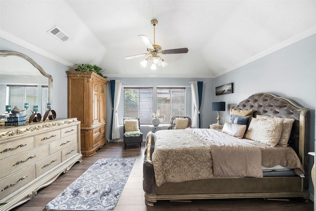 15110 Farndale Dr, Houston, TX 77062 - bedroom with dark wood finished floors, vaulted ceiling, crown molding, and a ceiling fan