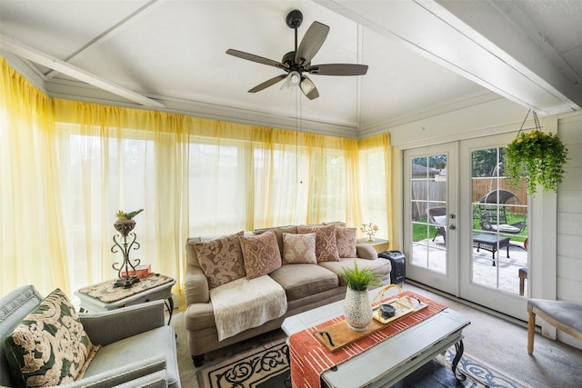 15110 Farndale Dr, Houston, TX 77062 - living area featuring french doors, ceiling fan, and carpet flooring
