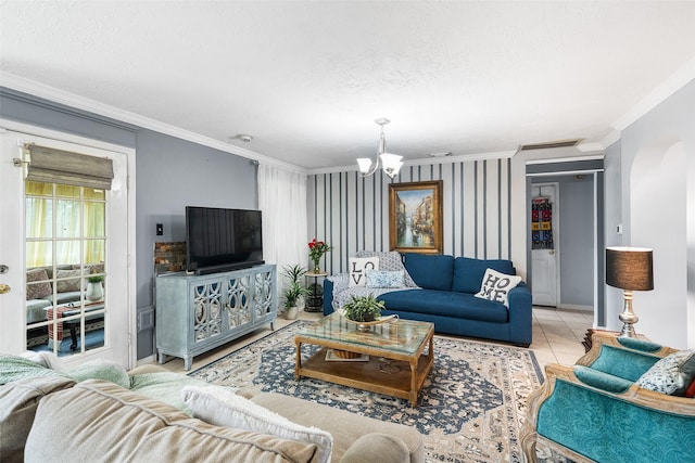 15110 Farndale Dr, Houston, TX 77062 - living area featuring a chandelier, ornamental molding, arched walkways, baseboards, and a textured ceiling