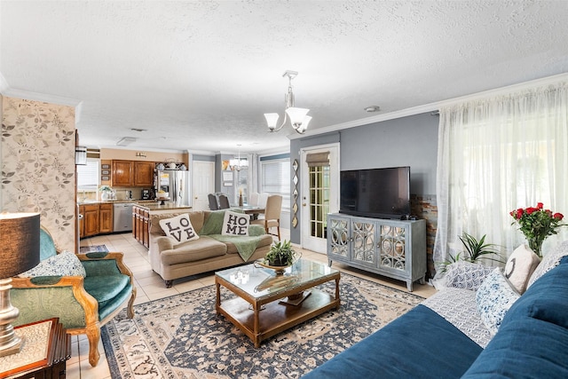 15110 Farndale Dr, Houston, TX 77062 - living area featuring a chandelier, a textured ceiling, ornamental molding, and light tile patterned floors