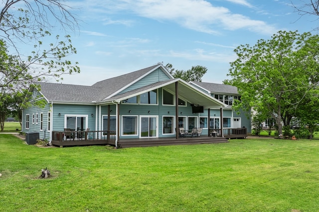 209 Anchor Ranch Rd, Trinidad, TX 75163 - rear view of property with central air condition unit, a wooden deck, a yard, and a shingled roof