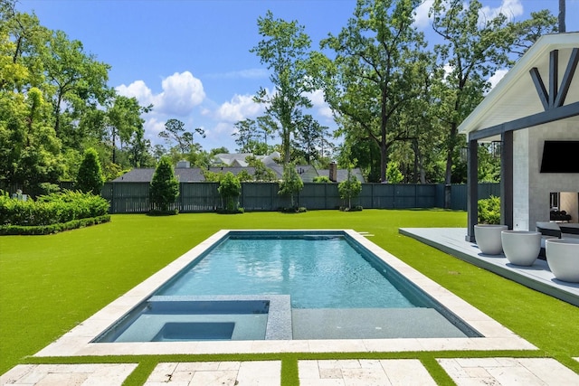 view of pool with a pool with connected hot tub
