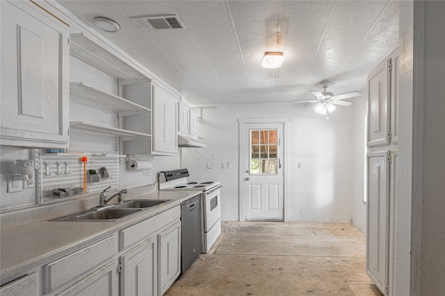2240 Easley Cir, Huntsville, TX 77320 - kitchen featuring white electric range oven, a sink, stainless steel dishwasher, open shelves, and a ceiling fan