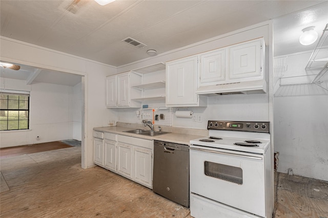 2240 Easley Cir, Huntsville, TX 77320 - kitchen with white electric range, dishwasher, a sink, under cabinet range hood, and open shelves