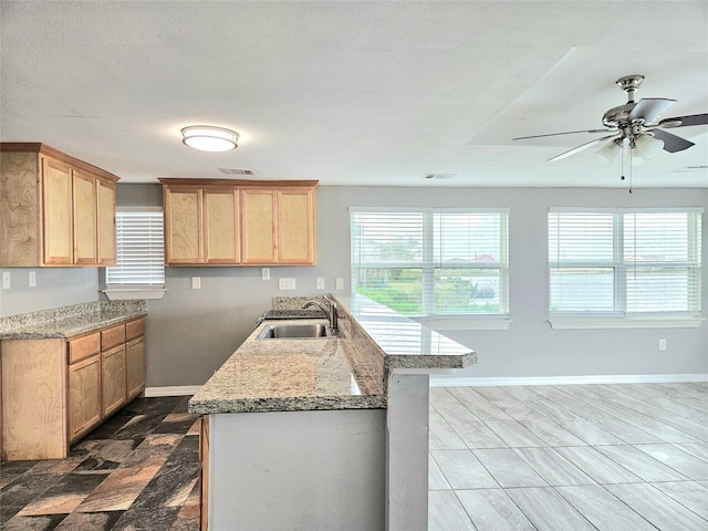 4606 Warren Way, Hitchcock, TX 77563 - kitchen featuring a sink, baseboards, light brown cabinetry, and ceiling fan