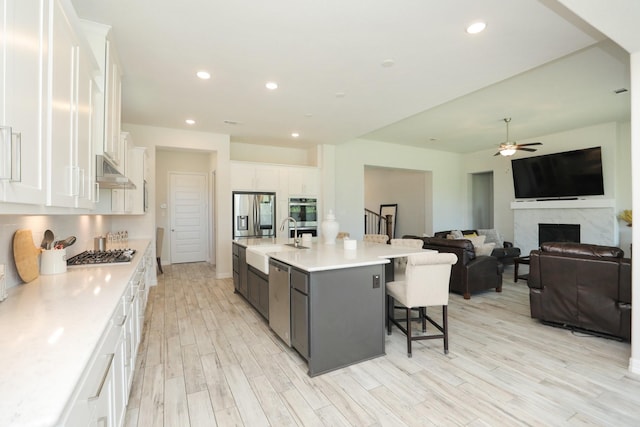 10134 Blythe St, Rosharon, TX 77583 - kitchen with a sink, appliances with stainless steel finishes, a ceiling fan, white cabinets, and light wood-style flooring