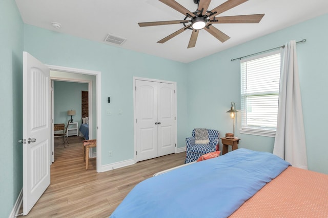4019 Ector Dr, Galveston, TX 77554 - bedroom with light wood-type flooring, a closet, baseboards, and ceiling fan