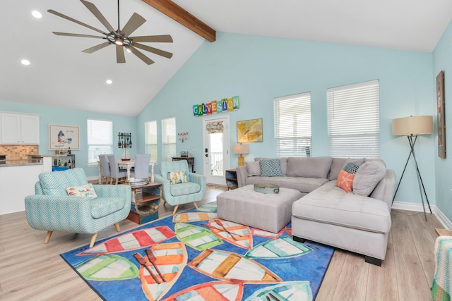 4019 Ector Dr, Galveston, TX 77554 - living area featuring light wood finished floors, high vaulted ceiling, beamed ceiling, a ceiling fan, and recessed lighting