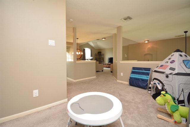 19026 Rustling Ridge Ln, Tomball, TX 77377 - game room featuring carpet floors, a chandelier, and vaulted ceiling