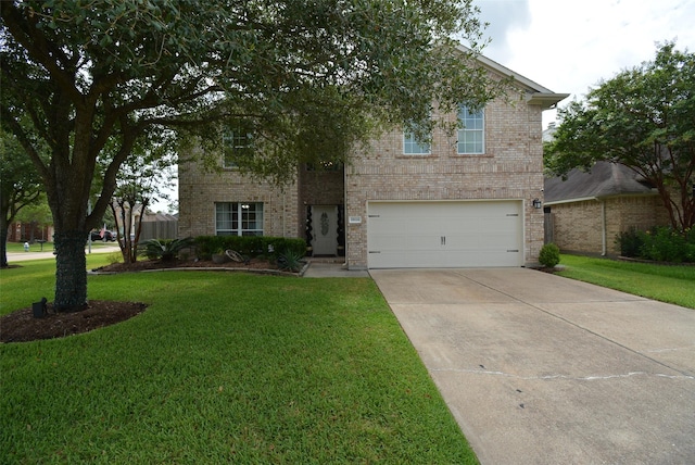 19026 Rustling Ridge Ln, Tomball, TX 77377 - traditional home featuring brick siding, concrete driveway, an attached garage, and a front lawn