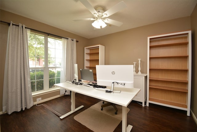 19026 Rustling Ridge Ln, Tomball, TX 77377 - office area featuring dark wood-style floors, a ceiling fan, and plenty of natural light