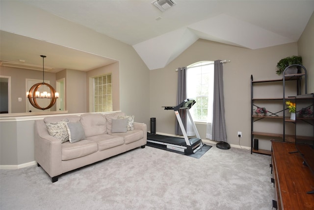 19026 Rustling Ridge Ln, Tomball, TX 77377 - carpeted living area with a chandelier and vaulted ceiling