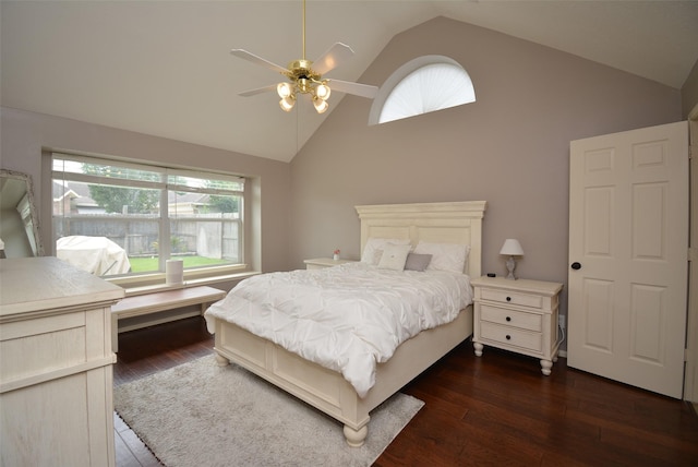 19026 Rustling Ridge Ln, Tomball, TX 77377 - bedroom with dark wood-type flooring, multiple windows, high vaulted ceiling, and a ceiling fan