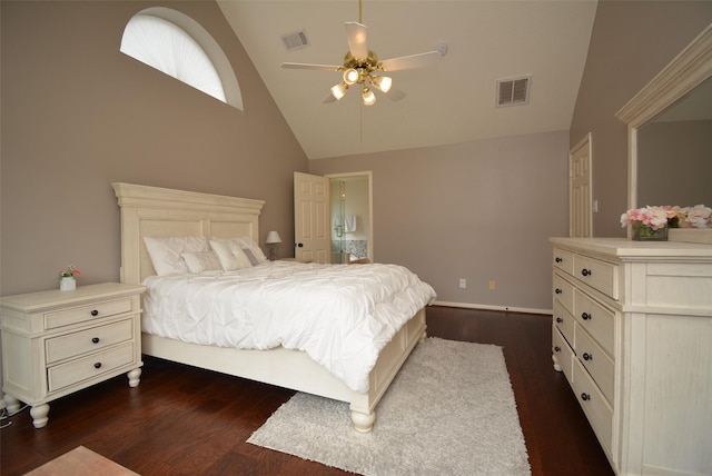 19026 Rustling Ridge Ln, Tomball, TX 77377 - bedroom featuring dark wood finished floors, high vaulted ceiling, and a ceiling fan