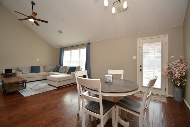 19026 Rustling Ridge Ln, Tomball, TX 77377 - dining space featuring lofted ceiling, ceiling fan, and hardwood / wood-style flooring