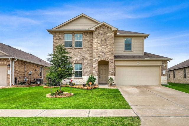 22624 Theodoli Dr, Katy, TX 77449 - traditional-style house with an attached garage, concrete driveway, a front lawn, central AC, and stone siding