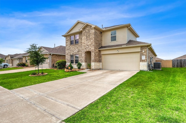 22624 Theodoli Dr, Katy, TX 77449 - traditional-style home featuring a garage, driveway, central AC, and stone siding