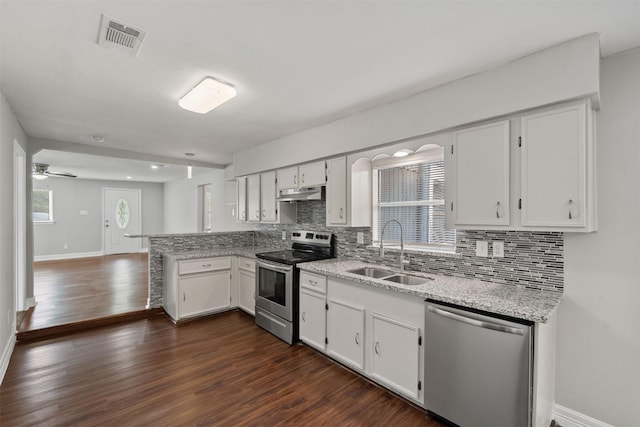 10134 Palestine St, Houston, TX 77029 - kitchen featuring stainless steel appliances, a sink, under cabinet range hood, a peninsula, and tasteful backsplash