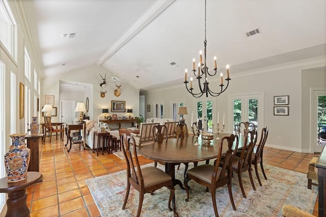 1908 Columbine Dr, Lufkin, TX 75904 - dining room with high vaulted ceiling, light tile patterned floors, french doors, a chandelier, and beam ceiling
