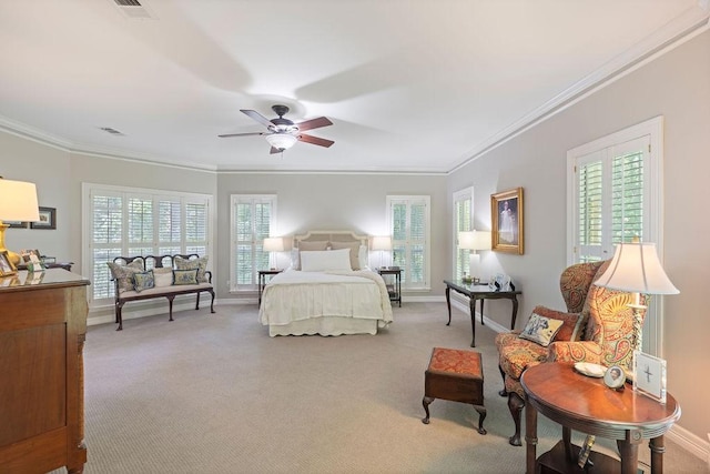 1908 Columbine Dr, Lufkin, TX 75904 - bedroom featuring ornamental molding, light carpet, and ceiling fan