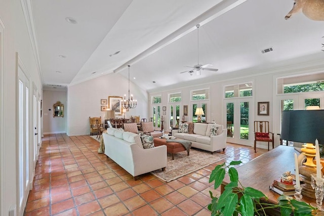 1908 Columbine Dr, Lufkin, TX 75904 - living room with ceiling fan, lofted ceiling, a chandelier, ornamental molding, and light tile patterned floors