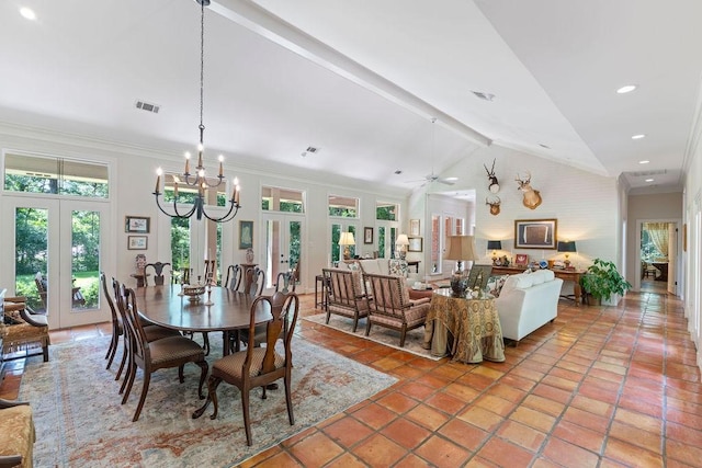 1908 Columbine Dr, Lufkin, TX 75904 - dining room featuring french doors, a chandelier, lofted ceiling, light tile patterned flooring, and ceiling fan