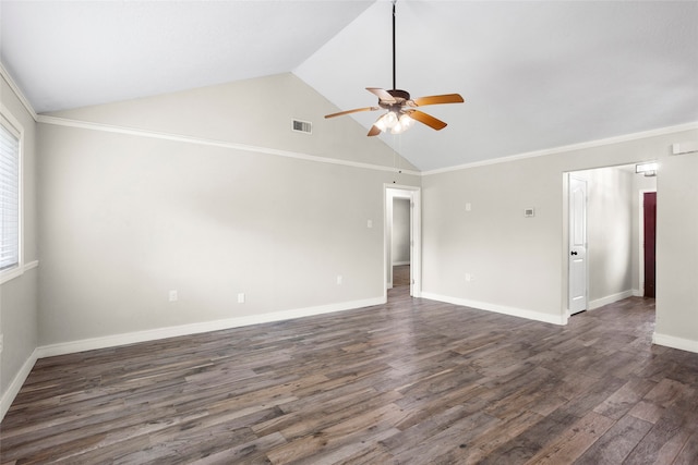 5000 Old Castle Ln, Dickinson, TX 77539 - spare room with ceiling fan, dark wood-type flooring, baseboards, and high vaulted ceiling