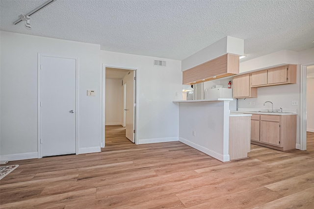 2750 Holly Hall St Unit 910, Houston, TX 77054 - kitchen featuring light brown cabinets, light countertops, light wood-style floors, a sink, and a textured ceiling
