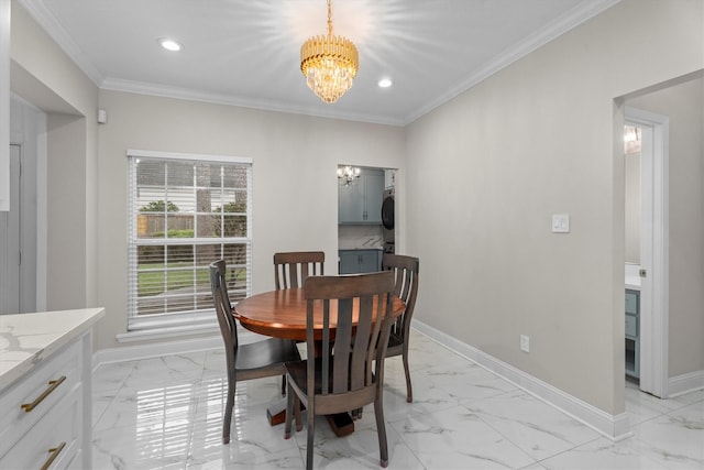 5523 Theall Rd, Houston, TX 77066 - dining room featuring a chandelier, light marble finish flooring, crown molding, and recessed lighting