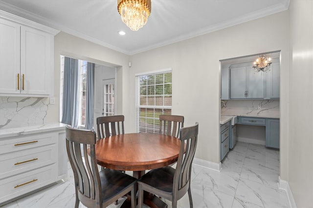 5523 Theall Rd, Houston, TX 77066 - dining space featuring a chandelier, light marble finish flooring, recessed lighting, crown molding, and baseboards