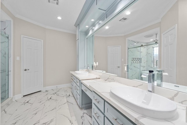 5523 Theall Rd, Houston, TX 77066 - full bath with a marble finish shower, crown molding, double vanity, marble finish flooring, and baseboards