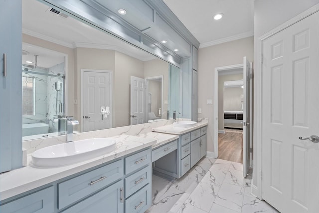 5523 Theall Rd, Houston, TX 77066 - full bathroom with double vanity, a marble finish shower, crown molding, marble look tile flooring, and recessed lighting
