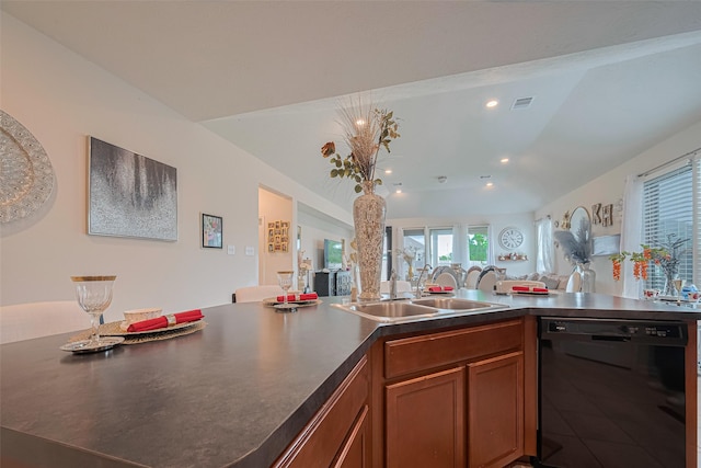 15602 Clearwater Bend Dr, Houston, TX 77044 - kitchen with dishwasher, dark countertops, brown cabinetry, a sink, and recessed lighting