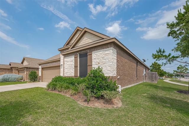 15602 Clearwater Bend Dr, Houston, TX 77044 - view of front facade with a garage, stone siding, a front yard, brick siding, and concrete driveway