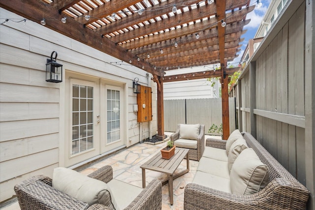 5405 Blossom St, Houston, TX 77007 - view of patio featuring french doors, a pergola, and an outdoor living space