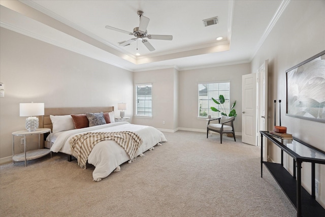 5405 Blossom St, Houston, TX 77007 - bedroom featuring light colored carpet, a raised ceiling, ornamental molding, ceiling fan, and baseboards