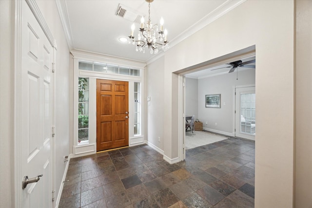 5405 Blossom St, Houston, TX 77007 - foyer featuring ornamental molding, stone tile floors, baseboards, and a chandelier