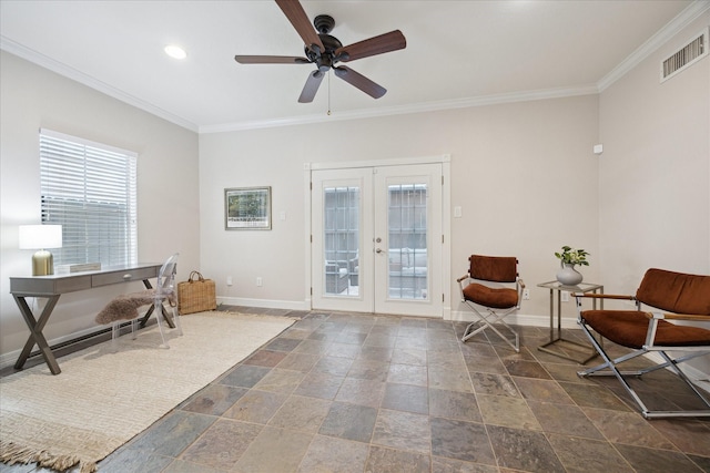 5405 Blossom St, Houston, TX 77007 - home office featuring baseboards, french doors, ornamental molding, stone tile flooring, and recessed lighting