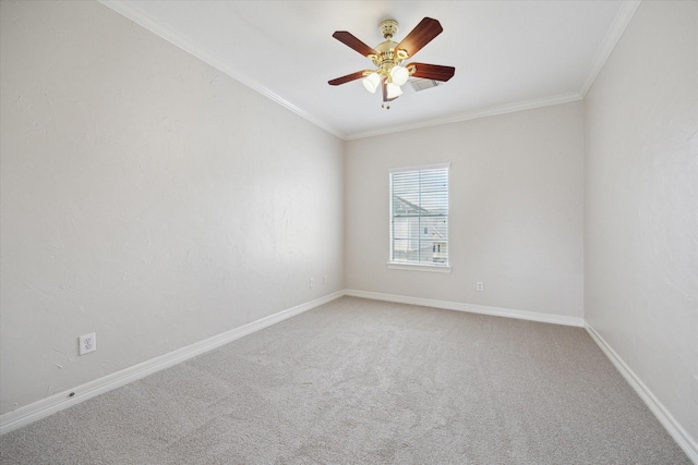 5405 Blossom St, Houston, TX 77007 - empty room featuring light colored carpet, ornamental molding, a ceiling fan, and baseboards