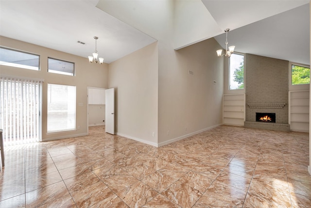 4111 Wildacres Dr, Houston, TX 77072 - unfurnished living room with a chandelier, high vaulted ceiling, light marble finish flooring, a fireplace, and baseboards