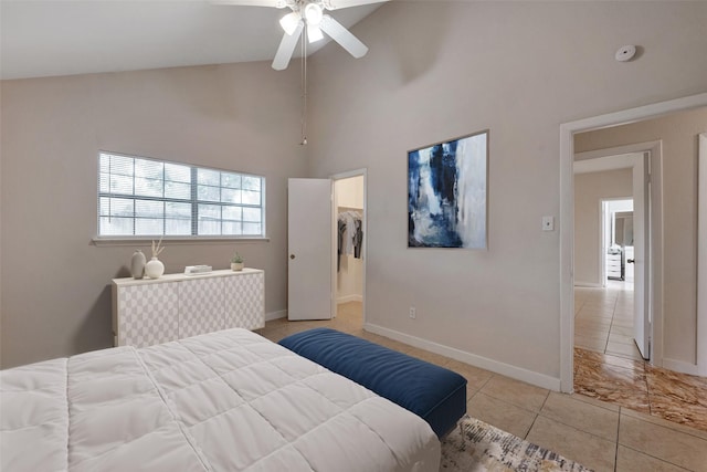 4111 Wildacres Dr, Houston, TX 77072 - bedroom featuring a ceiling fan, high vaulted ceiling, a spacious closet, and light tile patterned flooring
