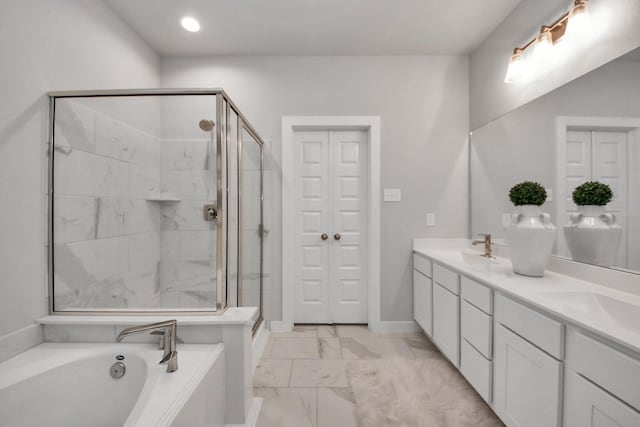 2142 Emerald Diamond Ct, Fresno, TX 77545 - full bath with a shower stall, double vanity, a bath, marble look tiles, and recessed lighting