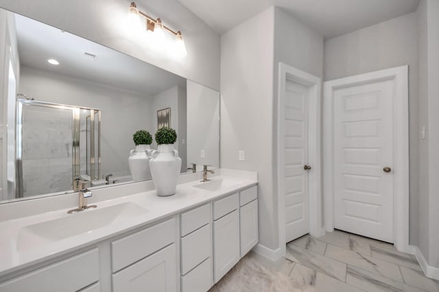 2142 Emerald Diamond Ct, Fresno, TX 77545 - full bath featuring a stall shower, marble finish floors, double vanity, and baseboards