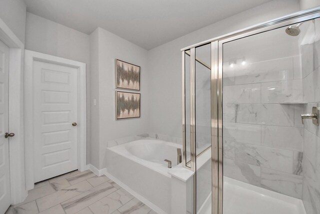 2142 Emerald Diamond Ct, Fresno, TX 77545 - bathroom with a shower stall, a bath, and marble finish floors