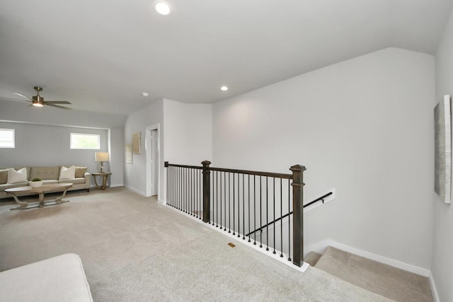 2142 Emerald Diamond Ct, Fresno, TX 77545 - sitting room featuring carpet floors, an upstairs landing, ceiling fan, baseboards, and recessed lighting