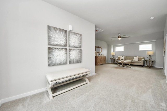 2142 Emerald Diamond Ct, Fresno, TX 77545 - living room with attic access, carpet flooring, baseboards, and ceiling fan