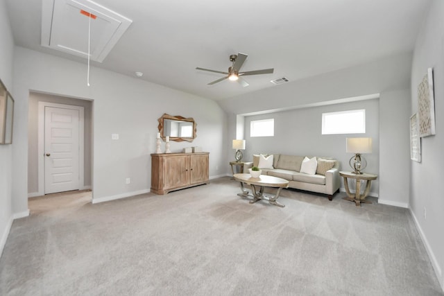 2142 Emerald Diamond Ct, Fresno, TX 77545 - living room with attic access, light carpet, ceiling fan, and baseboards