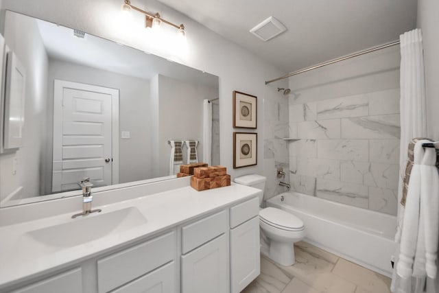 2142 Emerald Diamond Ct, Fresno, TX 77545 - bathroom featuring marble look tiles, shower / bath combination with curtain, vanity, and toilet