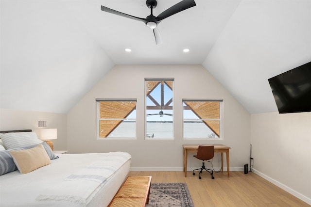175 Autumn Wood Trl, Gun Barrel City, TX 75156 - bedroom with wood finished floors, a ceiling fan, vaulted ceiling, baseboards, and recessed lighting